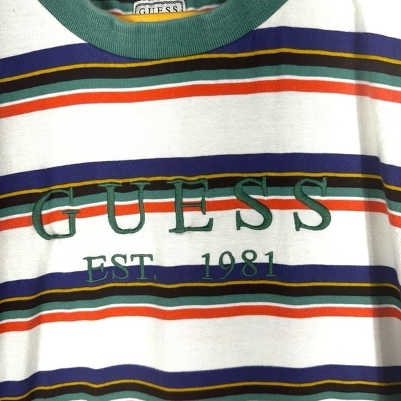 Guess Vintage 90s Embroidered Spell Out Striped Dylan Tee, Multicolor, Size L - Picture 4 of 12